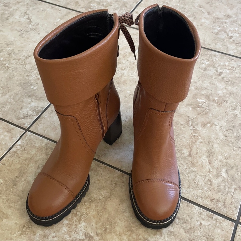See By Chloé Fold-Over Leather Heeled Boots in Cognac Brown